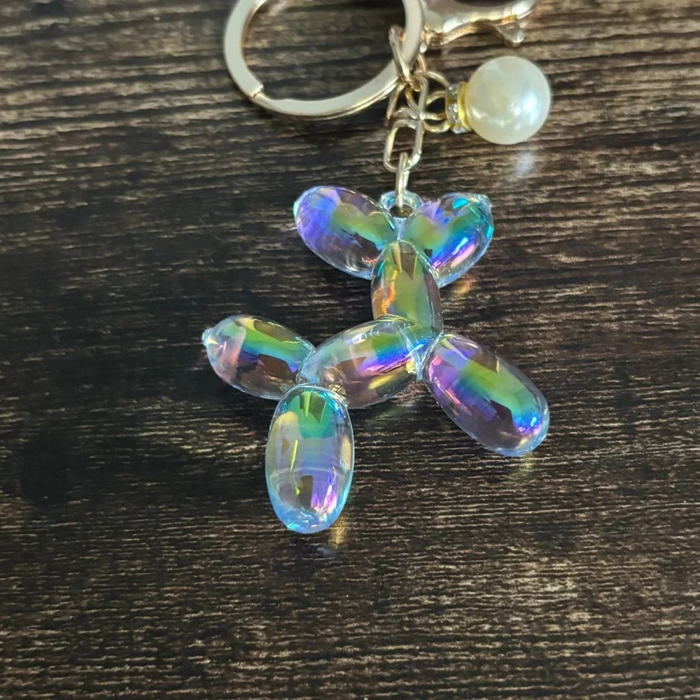 Iridescent Balloon Dog Keychain Gold Tone Bag Charm with Pearl Accent Pop Art